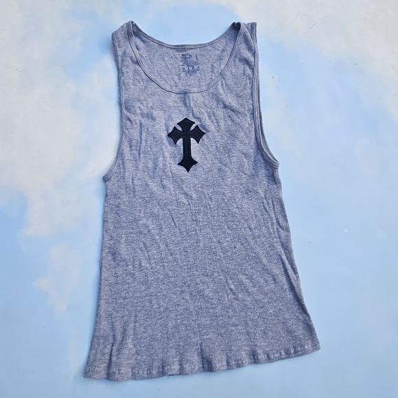Grey Tank Top Goth Cross Chrome Hearts Looking Top - Picture 6 of 16